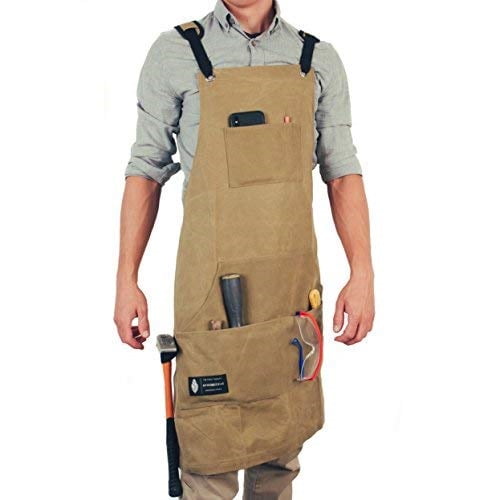Adjustable Leather Woodworking Apron Heavy Duty Waxed Canvas with Tool Pockets